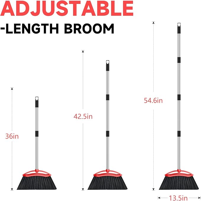 EZKEY Heavy Duty Broom, 54-inch Adjustable Long Handle Angle Brooms Large Brooms for Sweeping Indoor and Outdoor Commercial Broom for Home Kitchen Patio Garage Porch Courtyard Classroom, Red