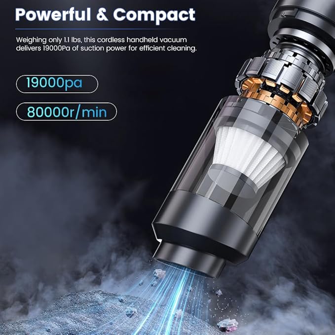 Dexmary 4-in-1 Cordless Handheld Vacuum, 19000Pa High Suction with Blowing & Inflating, Multi-Functional Car Vacuum Portable for for Pet Hair, Quick Type-C Charging Black