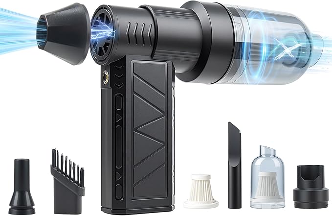 NUHFUFA 4-in-1 Compressed Air Duster with Light, Handheld Car Vacuum/Air Blower/Pump/Inflate 130000RPM Adjustable Electric Vacuum Cleaner for Computer Keyboard Car Home(Black)