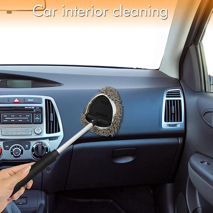 JOYFUL&HOPEFUL Car Windshield Cleaning Tool, Car Inside Window Cleaner Tool with Extendable Handle, 3pc Microfiber and 2pc Chenille, Car Interior Cleaner Tool Anti Fog, Streaks Free