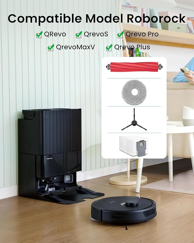 22 Pack Qrevo Replacement Parts for Roborock QRevo, Qrevo S, Qrevo Pro, Qrevo MaxV, Qrevo Plus Robot Vacuum, 2 Main Brush, 6 Mop Pads, 6 Side Brushes, 6 Dust Bags - Roborock QRevo Accessories Kits