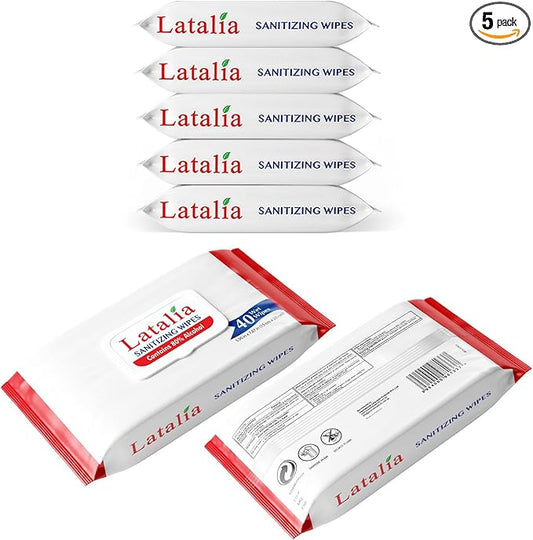 Latalia Hand Wipes Pack of 5 | 80% Alcohol Hand Sanitizer Wipes for Hands & Face Moisturizing, Gentle, Convenient and Fragrance Free (40 Counts)