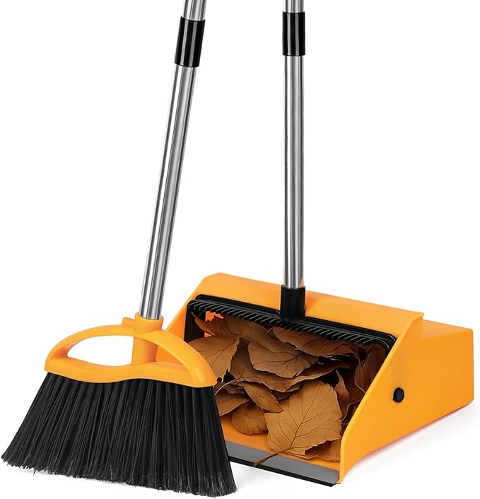 REEWII Commercial Broom and Dustpan Set，Long Handle Upright Heavy Duty Dust Pan Outdoor Indoor for Courtyards, Garages, Lobbies, Shopping Malls, Market Floors, Sidewalks, Classroom Floor Cleaning
