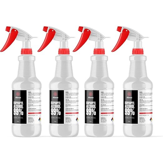 Isopropyl Alcohol 99% - 4 x 1 Quart Spray Bottles - High-Purity Concentrated Rubbing Alcohol for Effective Cleaning - Quick-Drying, Domestically Sourced IPA
