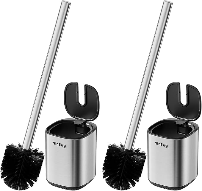 Toilet Brush and Holder Set Toilet Bowl Brush Stainless Steel Automatic Toilet Bowl Cleaner Brush with Durable Bristle Head Toilet Cleaning Brush for Bathroom 2 Pack Set SS