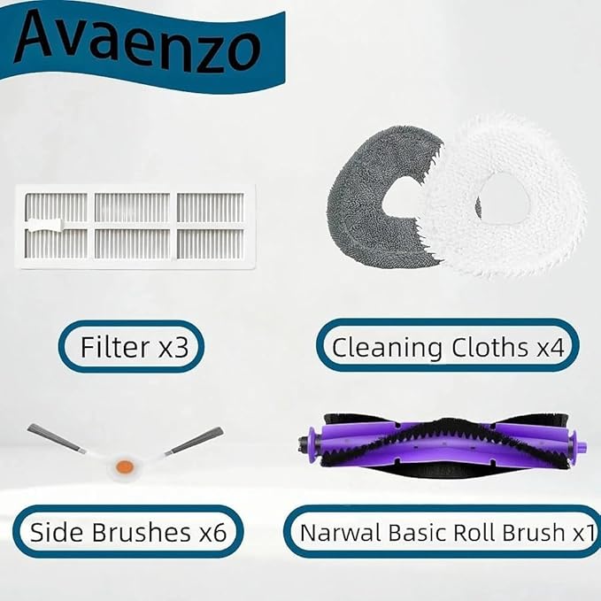 Replacement Parts Accessories Compatible with Narwal Freo Robot Vacuum 6 Side Brushes, 4 Cleaning Cloths, 3 HEPA Filters, 1 Roller Brush All-in-One Maintenance Accessories Set for Enhanced Performance