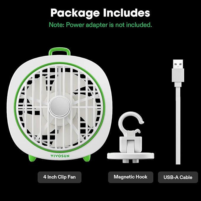 VIVOSUN AeroWave D4, 4” Grow Tent Clip Fan with Detachable Hook, 3-Speed Strong & Quiet Airflow, Adjustable Airflow Angle for Hydroponics, Circulation & Cooling, White, 2-Pack