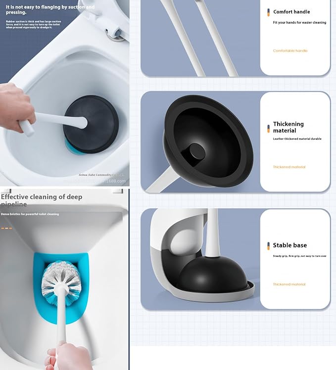 2 in 1 Toilet Brush and Plunger Set，BathroomPlunger and Brush Set ，Toilet Bowl Brush Plunger Set，Cleaning Brush,Cleaning Supplies，Contains 10 Pairs of High Elastic and SuperTough Gloves (Gray 2)
