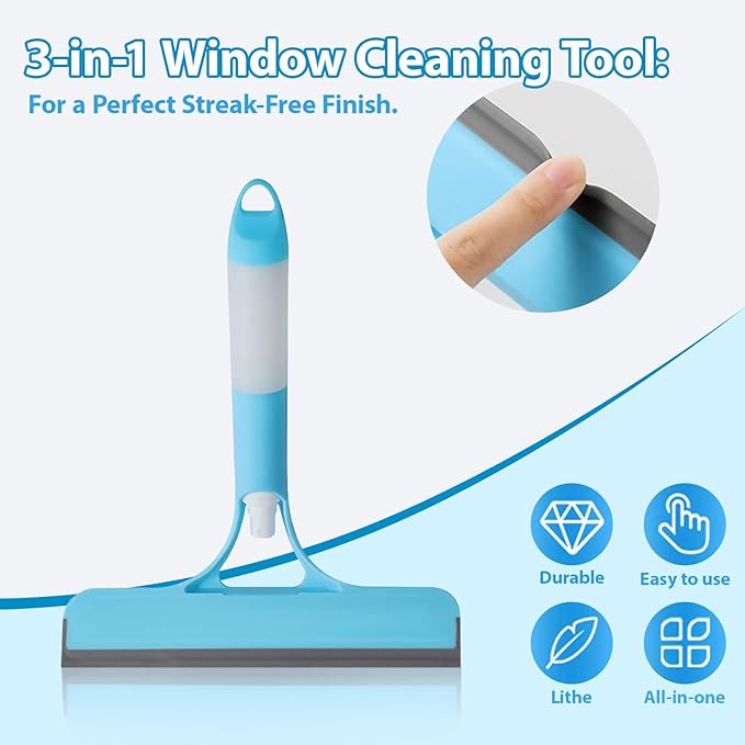 CUNBIYINA 3 in 1 Window Cleaning Scraper Shower Squeegee for Glass Doors Mirror with Sprayer Squiggy for Windshield Cleaner Tool Washing Spray Home Floor Scraper(Blue)