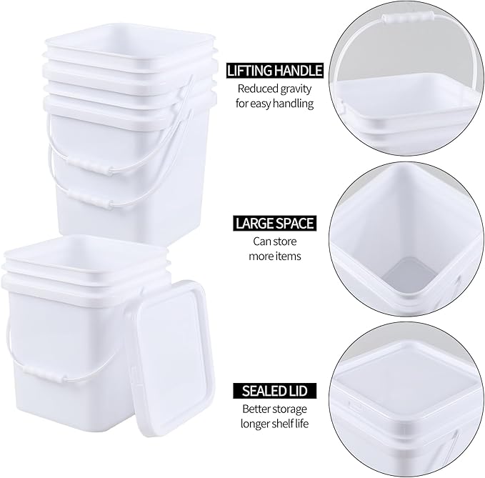 Teyyvn 5 Gallon Plastic Square Bucket with Lid and Handle, 4 Pack White Square Food Bucket Pail Container