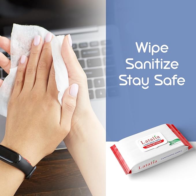 Latalia Hand Wipes Pack of 4 | 80% Alcohol Hand Sanitizer Wipes for Hands & Face Moisturizing, Gentle, Convenient and Fragrance Free (20 Counts)