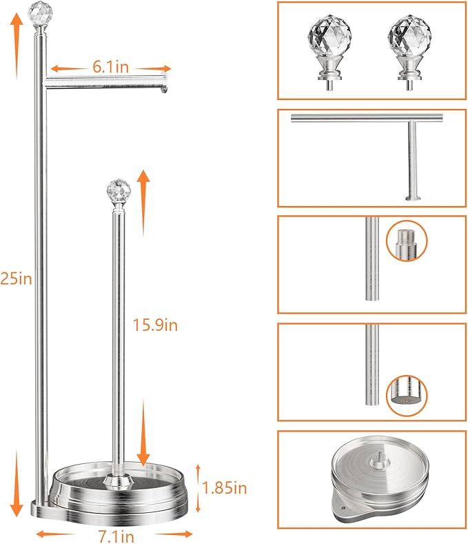 KASUNTO Toilet Paper Holder for Bathroom, Heavy Weighted Metal Free Standing Toilet Paper Holder Stand with Crystal Ball, Toilet Paper Roll Stand for Bathroom Accessories