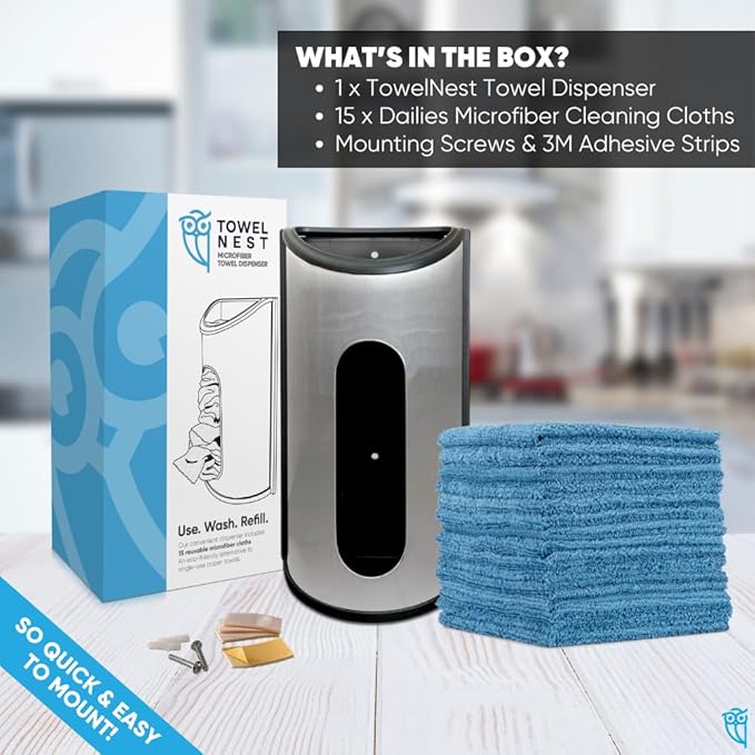 TowelNest Microfiber Cloth Dispenser | 15 Reusable Cloths (White) | Eco-Friendly Paper Towel Alternative | Absorbent & Washable | Wall/Cabinet Mount (3M Adhesive & Screws Included)
