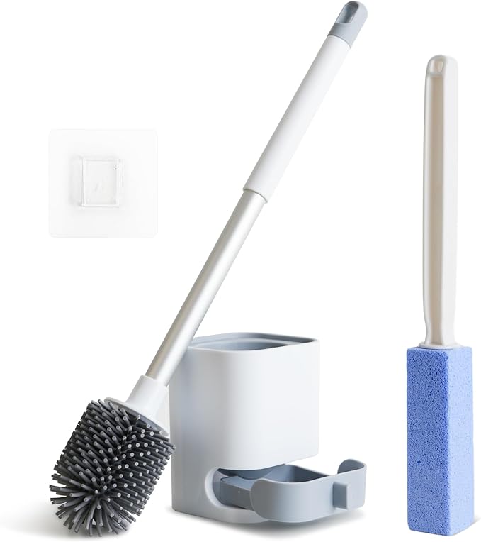 QUIVIX Toilet Cleaner Brush, Silicone Toilet Brush+Pumice Stone for Toilet Cleaning, with Non-Slip Long Handle, Wall Mounted/Floor Standing, Toilet Brush Set for Bathroom RVs