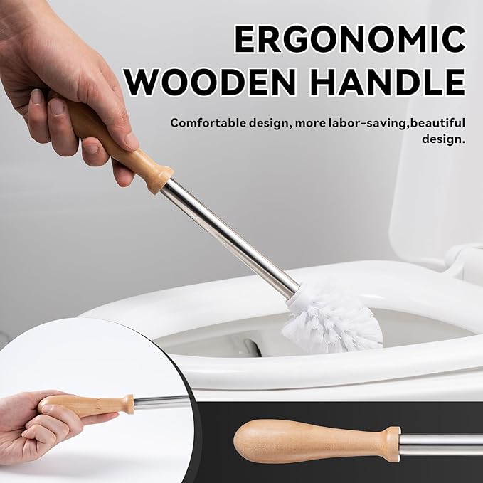 Modern Toilet Brush Set and Holder - Toilet Bowl Brush Ceramic Bathroom Accessories Set Decor, Cleaner Brush Kit with Detachable Brush Head & Natural Wood Handle (Ivory White)