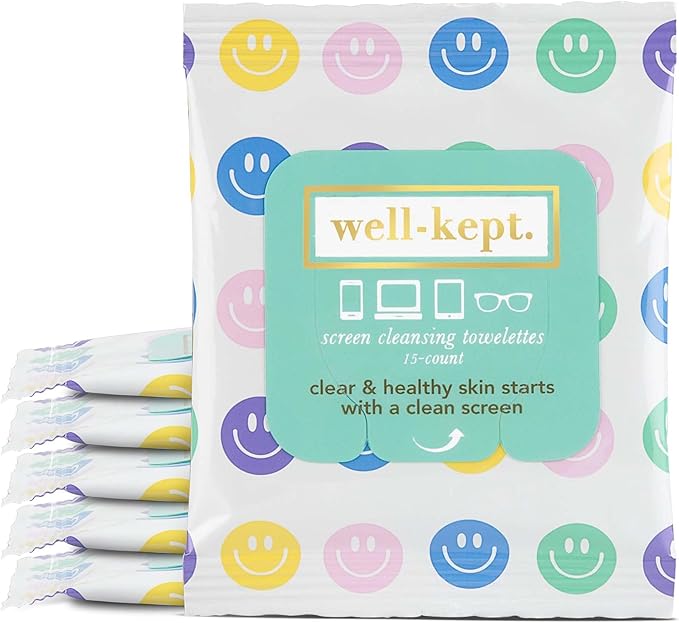 Well-Kept Tech & Lens Wipes - Eyeglass, Screen & Phone Cleaning, Multi-Surface, Lint-Free, Pre Moistened, Streak-Free & Non Scratching - All Smiles, 6 Pack (90 Count)