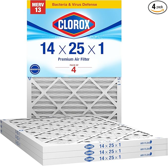 Clorox 14x25x1 Air Filter, MERV 13 Pleated HVAC AC Furnace Air Filters, MPR 1500 & FPR 10 – Pack of 4