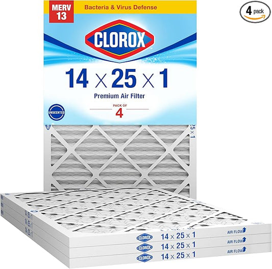 Clorox 14x25x1 Air Filter, MERV 13 Pleated HVAC AC Furnace Air Filters, MPR 1500 & FPR 10 – Pack of 4