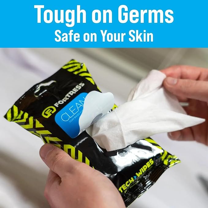 Fortress Electronic Wipes With Microfiber Cloth (25 ct, Pack of 6) To-Go Tech Wipes for Screens, Phones, Keyboards, TV Monitors, Computer Screens, and More [Travel Size] Skin-Safe
