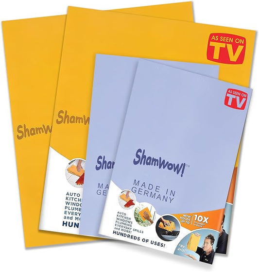 ShamWow Original Super Absorbent Multi-Purpose Cleaning Shammy Chamois Towel Cloth - Holds 10X its Weight in Liquid - Machine Washable - Will Not Scratch (4 Pack: 2 Large Orange & 2 Small Blue).