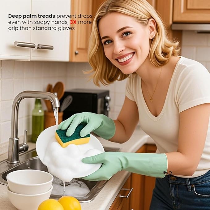 Rubber Dishwashing Gloves for Kitchen 4 Pairs Cleaning Household Dish Washing Reusable & Waterproof Latex Glove(Large/with Hook)