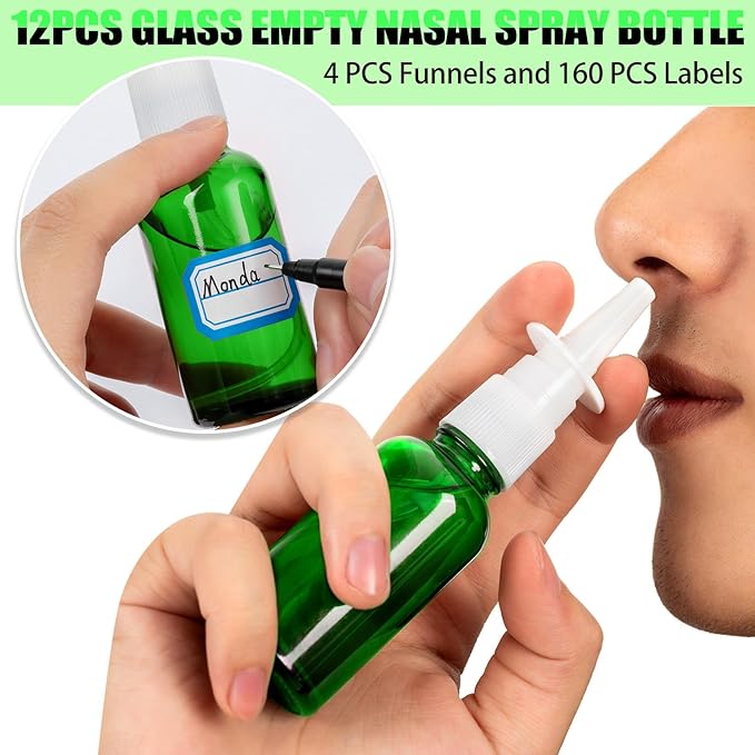 10 Empty Nasal Spray Bottles, 30ML/1oz 6 Refillable Glass Bottles with Funnels and Labels