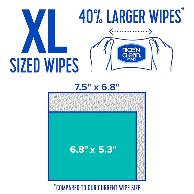 Nice 'N CLEAN Extra Large Flushable Wipes | 40% Larger Wipes | 6.8" x 7.5" Unscented XL Adult Wet Wipes | Septic and Sewer Safe | Fragrance Free, Hypoallergenic, Plant Based | 180 Butt Wipes