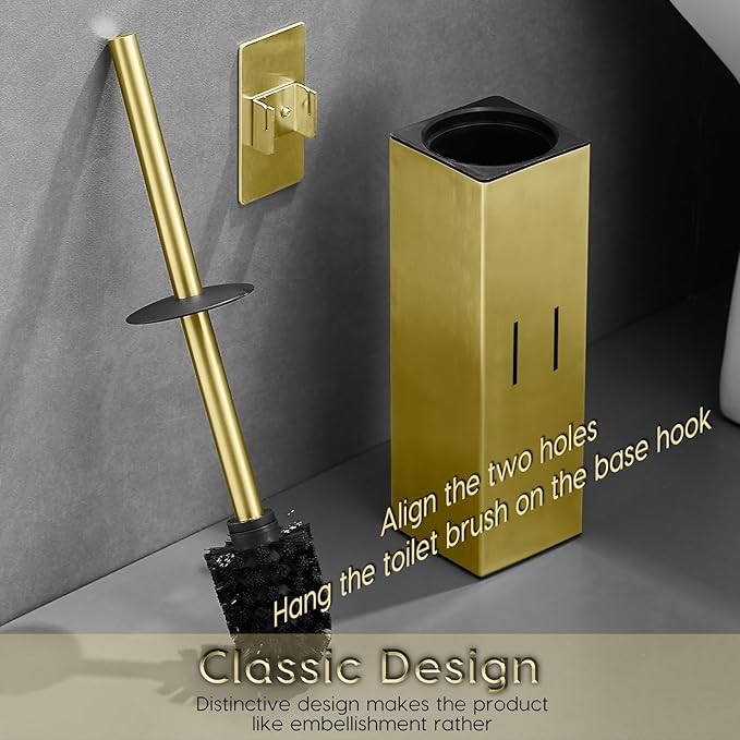 Brushed Gold Stainless Steel Toilet Brush, Square No-Punch Hook Base Toilet Brush Holder Removable Inner Bucket and Splash Proof Cover - Soft Bristles (Non-Drill Square Plastic caps Gold)