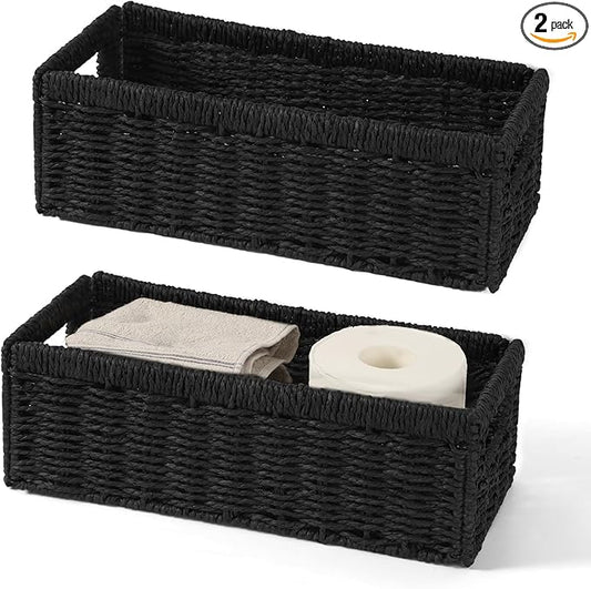 Paper Rope Storage Baskets with Handles, Wicker Storage Basket, Toilet Paper Basket for Toilet Tank Top, Bathroom Toilet Paper Storage Wicker Baskets for Organizing Shelves, 2-Pack, Black