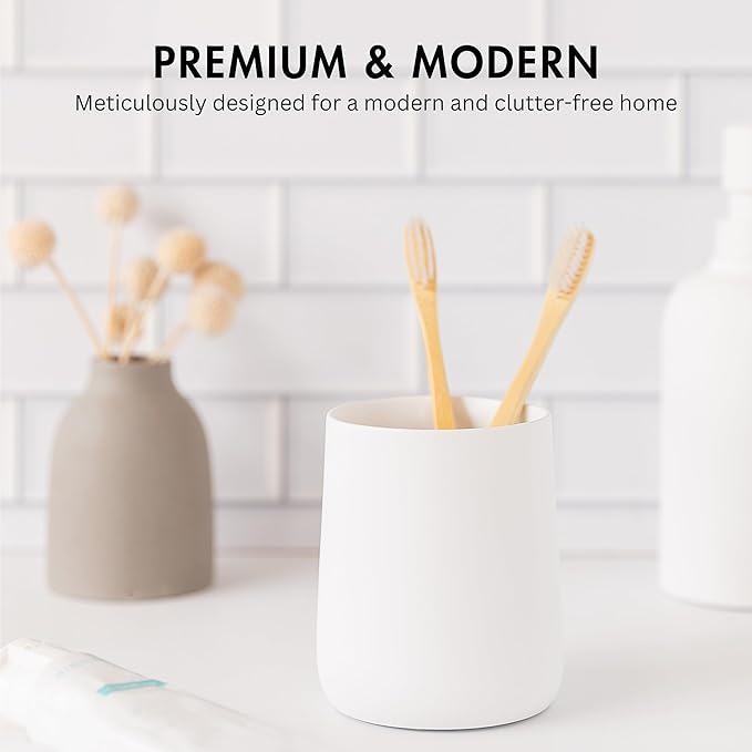 Yew Design Matte White Toothbrush and Toothpaste Holder and Cup for Bathroom Vanity and Countertop, Round Organizer for Electric Toothbrushes, Floss, Razors, Cotton, and Mouthwash