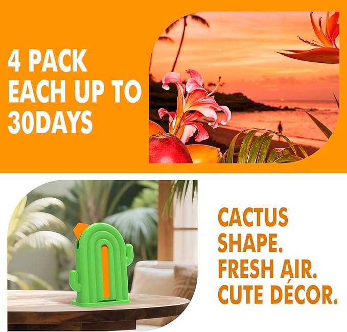 Air Freshener for Home, 2 Pack, 2 Refill, Hawaiian Scent, Odor Eliminator, Up to 120 Days, Cactus-shaped Freshener for Closet Bathroom, Cute Home Decor, White and Green