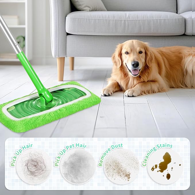 Nicemiya 8 Pack Reusable Mop Pads Compatible with Swiffer Sweeper, Coral Fleece Washable Swiffer Mop Pads, Dry & Wet Sweeping Mopping Cloths (Green, Not Included Mop)