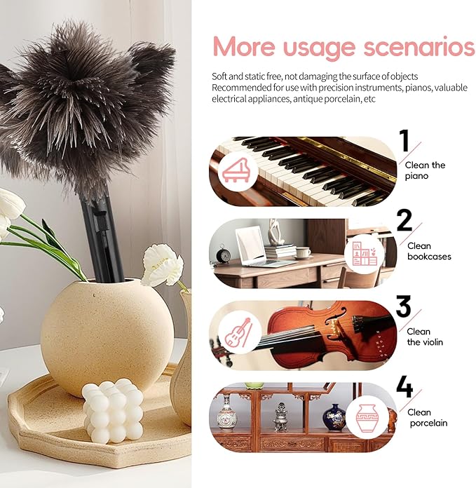 FeelfunFeather Retractable Feather Duster-Genuine Ostrich Feathers,Anti-Static,Reusable Eco-Friendly Handheld Cleaning for Keyboard,Home,Car,Office (10 to 15 Inches) 2 Pack