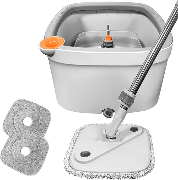 KZKR Spin Square mop and Bucket System with Wringer Set for Home with 2 Mop Pads (Grey,White)