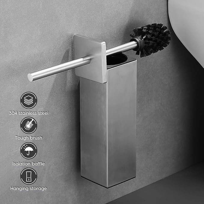 Brushed Gold Stainless Steel Toilet Brush, Square No-Punch Hook Base Toilet Brush Holder Removable Inner Bucket and Splash Proof Cover - Soft Bristles (No Drill Square Metal Cap Brushed)