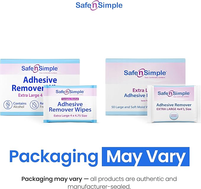 Safe n’ Simple Adhesive Remover for Skin - 50 Individually Wrapped Large 4"x4.75" Alcohol Adhesive Remover Wipes - Medical Isopropyl Alcohol Pads - Gentle Adhesive Removal Wipes for Bandages & Ostomy