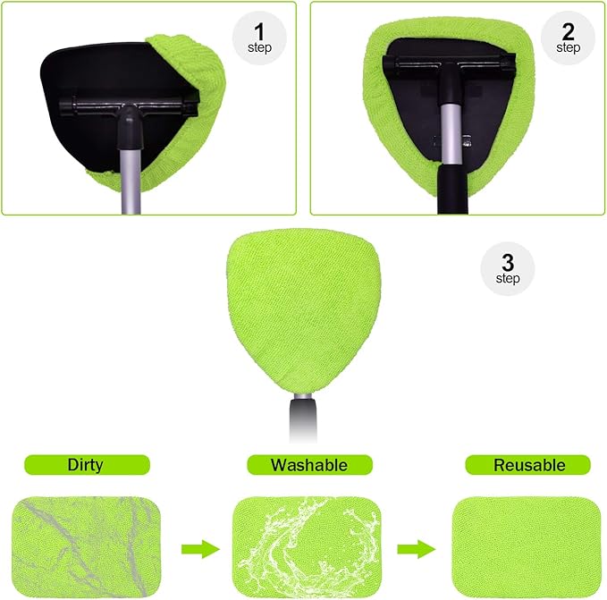 XINDELL Windshield Cleaning Combo – 29" Large-Head Window Cleaner Tool with Extendable Handle & 4 Microfiber Pads + 5-Pack Replacement Triangular Covers for Interior/Exterior Auto Glass, Streak-Free C