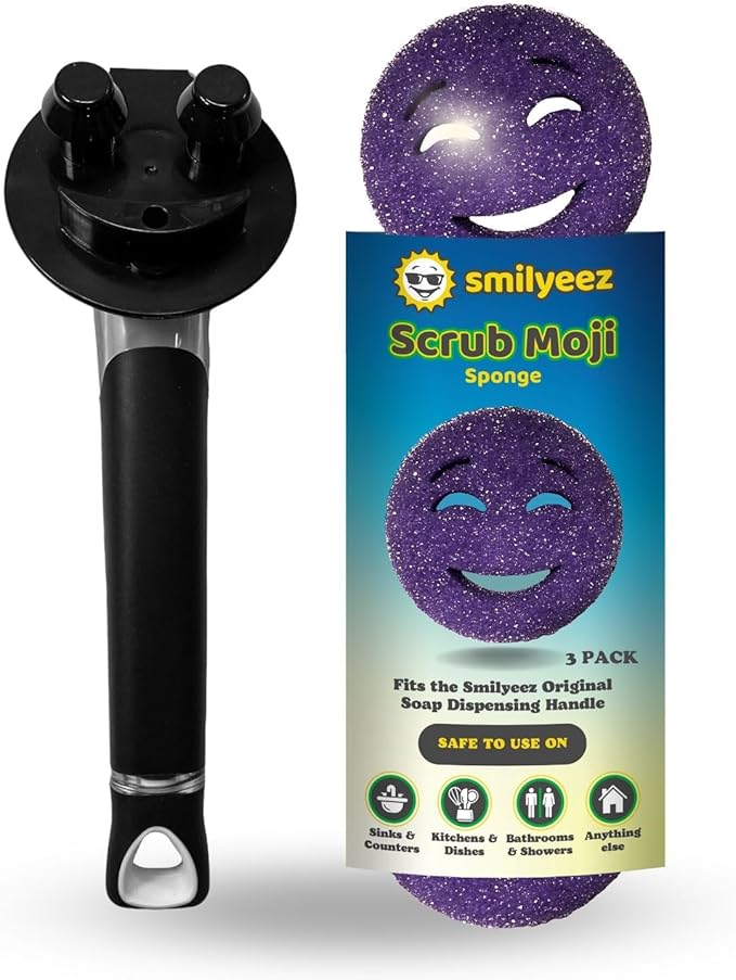 The Original Smiling Handle for Scrub Daddy (Reg. TM) Sponge and Scrub Moji Sponge - (Black Handle) & 3 Purple Scrub Moji's