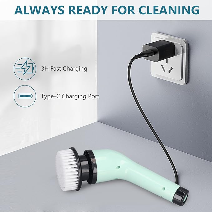 Electric Spin Scrubber, Cordless Cleaning Brush with 9 Replaceable Brush Heads, Power Scrubber Dual Speed with Adjustable and Detachable Handle for Bathroom Kitchen Cleaning