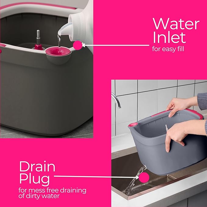 Square Spin Mop & Bucket Smart Floor Mop, Separate Compartments for Clean and Dirty Water, Self Cleaning w/Sweeper Attachment 2025 Upgraded Version w/Side Brush & Self-Standing 360° Rotating Handle