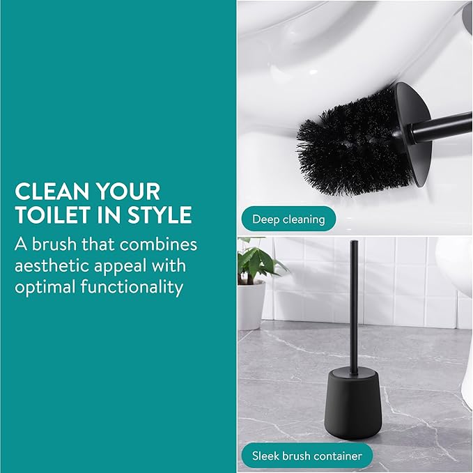 Navaris Toilet Brush and Holder Set, Black - Toilet Brushes & Holders - Soft Touch & Rubber Coated Loo Brush with Stainless Steel Handle - Adjustable Silicone Water Stopper
