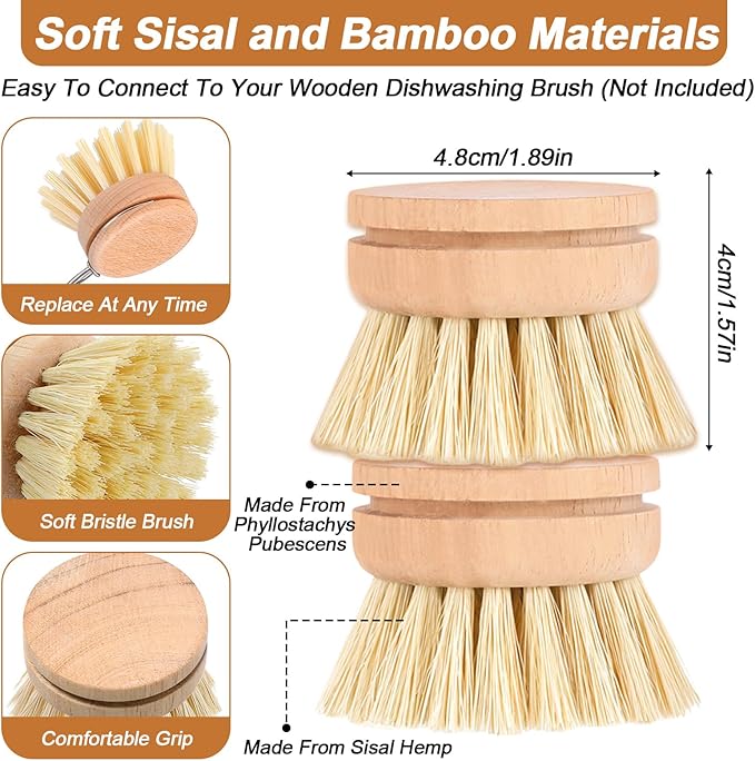 12 Pcs Bamboo Dish Brush Replacement Heads, Natural Sisal Bristle Refills, Eco Friendly Compostable Scrubber Heads for Cleaning Kitchen Utensils