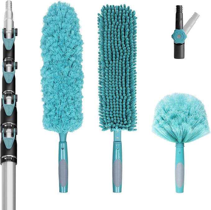 TelesPro 36 Foot High-Reach Duster Kit with 7-30FT Extendable Pole - High Ceiling Duster Cleaning Kit with Telescopic Pole,Cobweb Duster, Chenille Ceiling Fan Duster, Microfiber Feather Duster