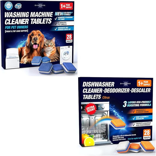 Washer & Dishwasher Cleaner Tablets - 2-in-1 Deep Cleaning for Pet Owners - Remove Pet Hair, Smells & Hard Water Build-Up - HE & Septic Safe - Scented Descaler Pods with Citric Acid - 28 Tabs, Citrus