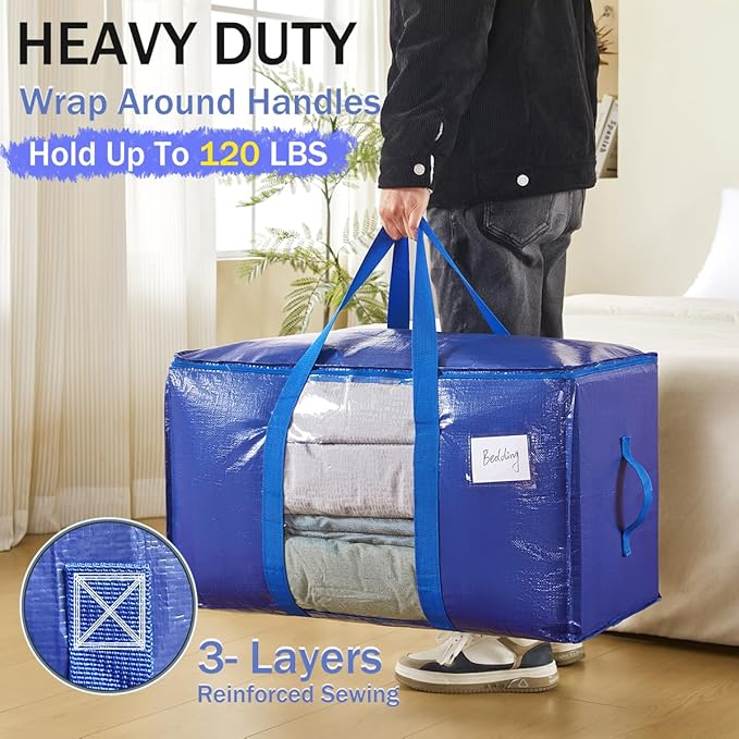Extra Large Moving Bags, 6 Pack Heavy Duty Packing Bags for Moving, Totes For Storage with Visible Window and Wrap Around Handles, Moving Supplies for Space Saving