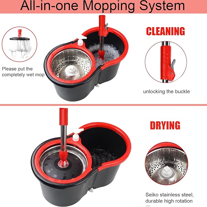 Spin Mop and Bucket with Wringer Set, 360° Spinning Mop Bucket System with 3 Microfiber Mop Replacement Heads Refills,56" Stainless Steel Extended Handle for Floor Cleaning Home(20QT) (Green) (Black)