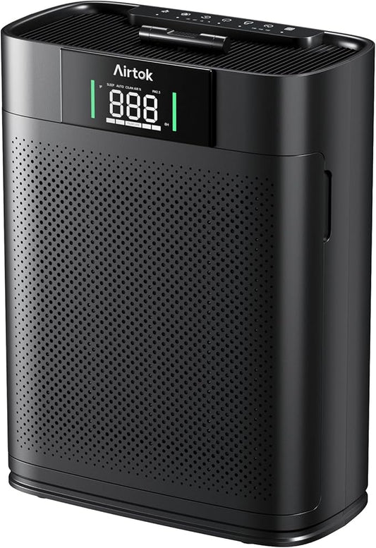 AIRTOK Air Purifiers for Home Large Room Up to 1300 Ft², with Air Quality Monitor PM2.5、HEPA Sleep Mode、Aromatherapy for Allergies, Pet Hair, Pollen in Bedroom, AP2301, Black