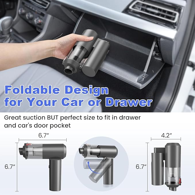 JYNSROU Car Vacuum Portable Cordless with 16000PA Ultra Suction 4-in-1 Foldable Air Duster & Brushless Motor Rechargeable Handheld Vacuum for Pet Hair, Car Seats, Home & Office Cleaning