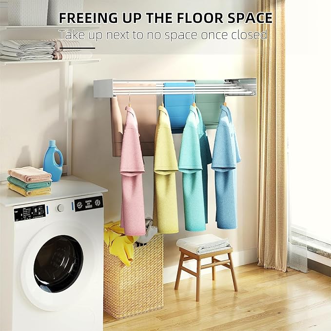 Laundry Drying Rack, Collapsible Wall Mounted Clothes Drying Rack - Drying Rack Clothing Foldable,Space Saving, 31.5" Wide, 13.2 Linear Ft, 5 Aluminum Rods, 60 lb Capacity (White, 23.6")