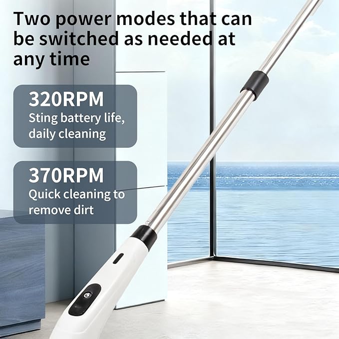 Rechargeable Electric Spin Scrubber, Waterproof Power Cleaner with 7 Brush Heads,1 Window Squeegee,2 Speeds Adjustable Long Handle for Bathroom, Floor, Shower, Tile & Kitchen Cleaning (White)